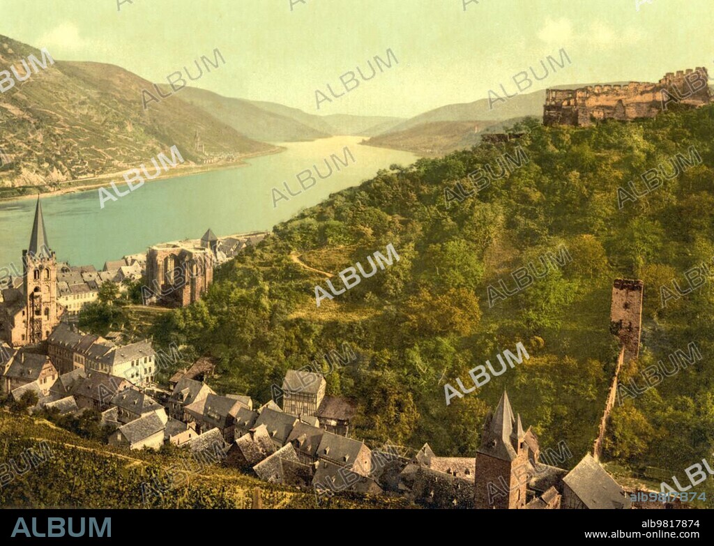 Bacharach and the ruins of Stahleck Castle; Rhine; Rhineland-Palatinate; Germany; Historic; photochrome print from the 1890s; Europe.