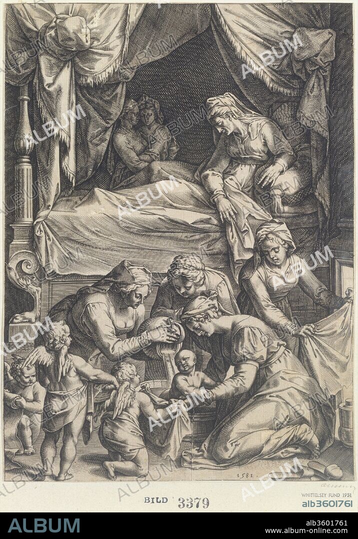Birth of the Virgin (copy). Artist: After Federico Zuccaro (Zuccari) (Italian, Sant'Angelo in Vado 1540/42-1609 Ancona); After Cornelis Cort (Netherlandish, Hoorn ca. 1533-1578 Rome); Julius Goltzius (Netherlandish, died ca. 1595). Dimensions: sheet: 10 13/16 x 7 15/16 in. (27.4 x 20.2 cm). Publisher: Caspar Rutz. Date: 1581.