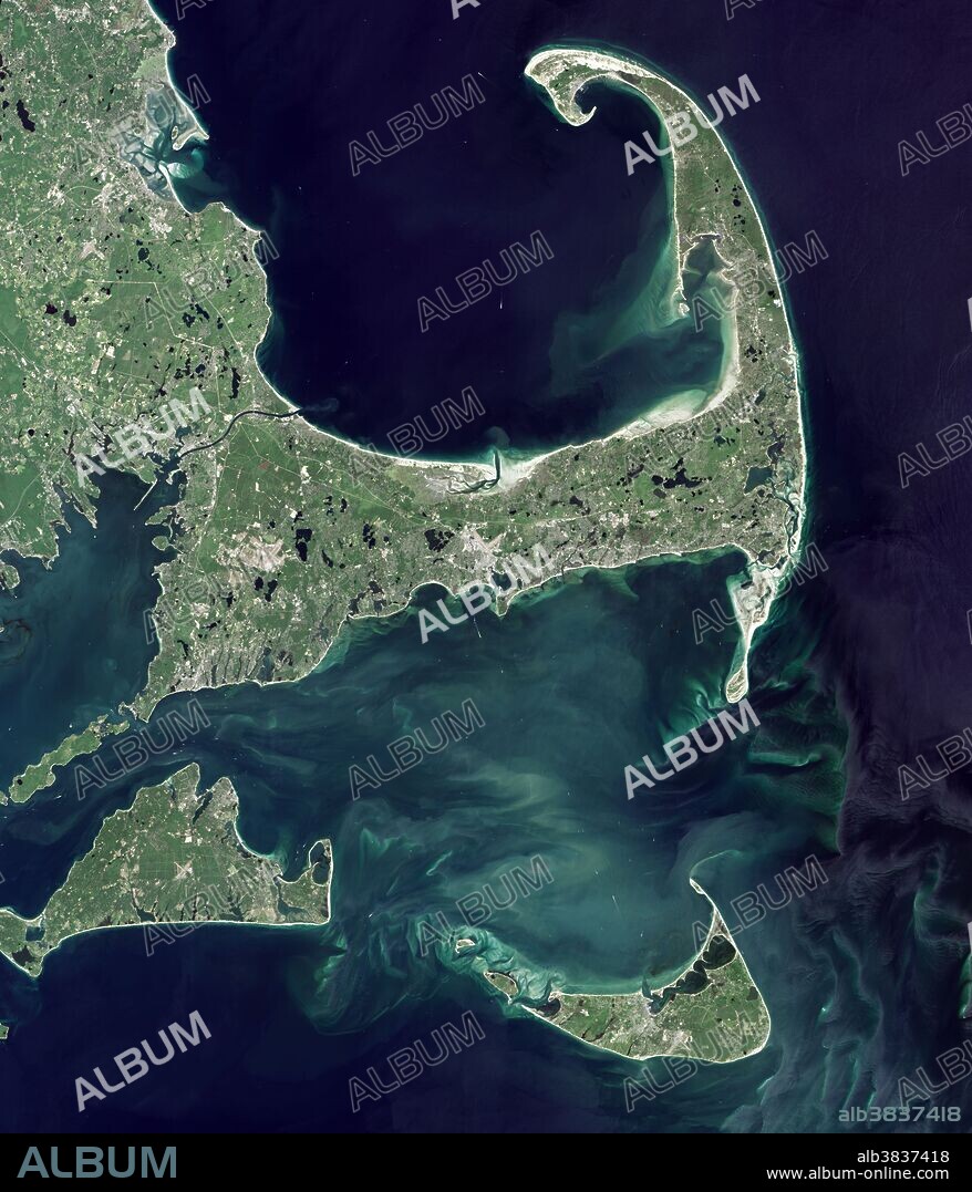 Natural-color image of Cape Cod, Massachusetts, on August 23, 2016, captured by the Operational Land Imager (OLI) on the Landsat 8 satellite. Much of Cape Cod is made up of glacial terminal moraines, outwash plains and sand deposits.