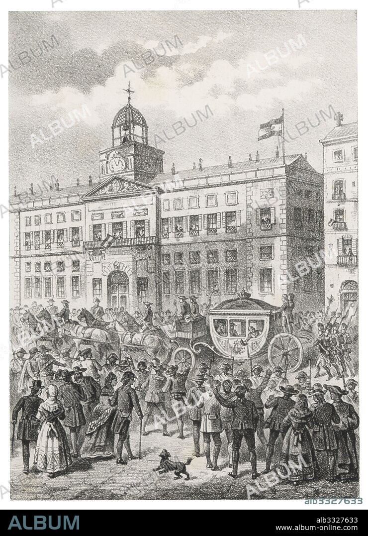 Historia de España. Entrada de Fernando VII (1784-1833), el Deseado, rey de España, en la Puerta del Sol de Madrid, el 4 de mayo de 1814. Grabado de 1880.