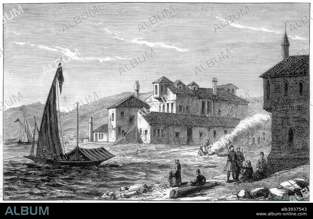Where Lord Byron died, Missolonghi, Greece, 1888. Byron (1788-1824) was a leading figure in the Romantic movement. A print from the Illustrated London News, (28 January 1888).