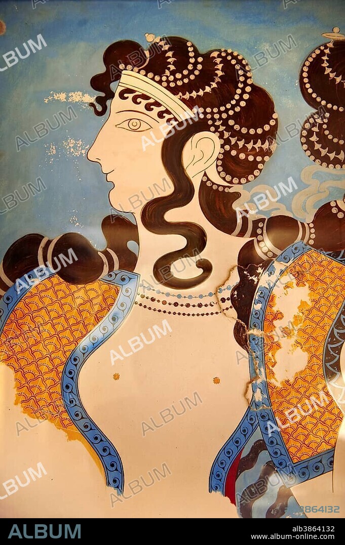 Arthur Evans reconstruction of Dancing girl fresco from the Queen's megaron at Knossos Minoan archaeological site, Crete, Greece, Europe