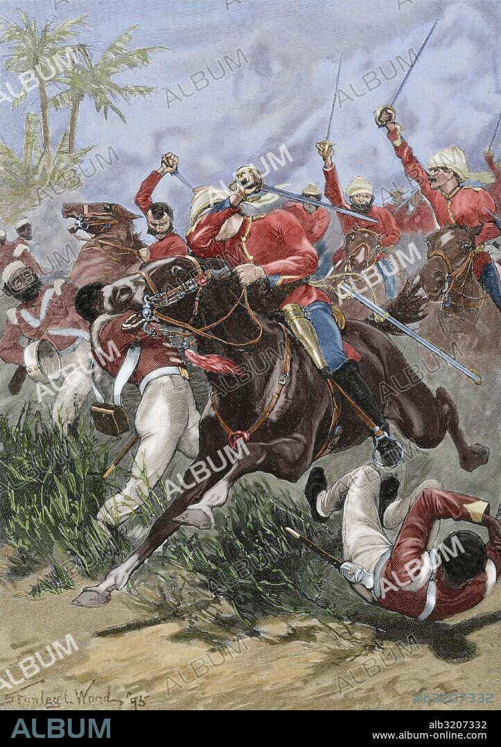India. Sepoy Rebellion (1857). India revolution that erupted as a reaction against British colonial policy. In 1857 the sepoys revolted and deprived of all authority to the East India Company (1858). Charging the British Cavalry in Lucknow, 1857. Drawing by Stanley L. Wood. Ilustracio_n Ibe_rica, 1898. Colored.