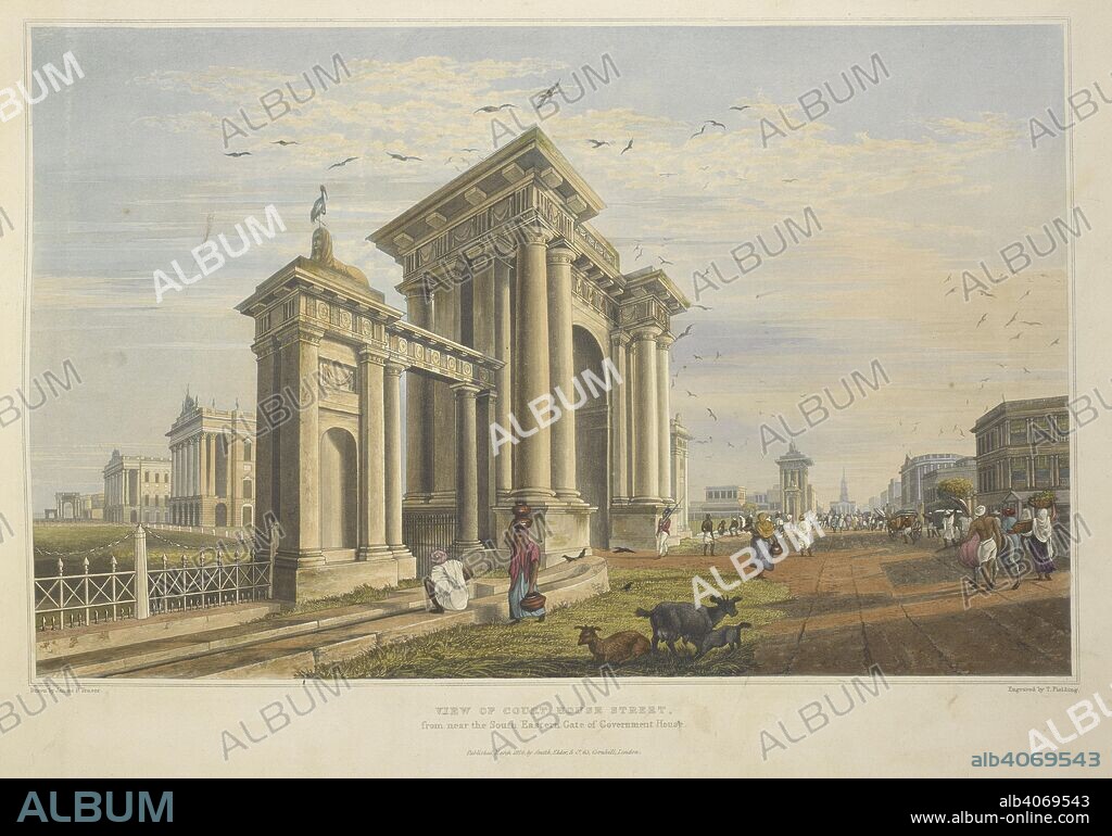 JAMES BAILLIE FRASER. View of court house street from near the south eastern gate of Government house. Views of Calcutta / engraved by Robert Havell. Rodwell and Martin and Smith, Elder & Co., [1824-1826]. Coloured aquatint after J. B. Fraser. Source: X644(14).