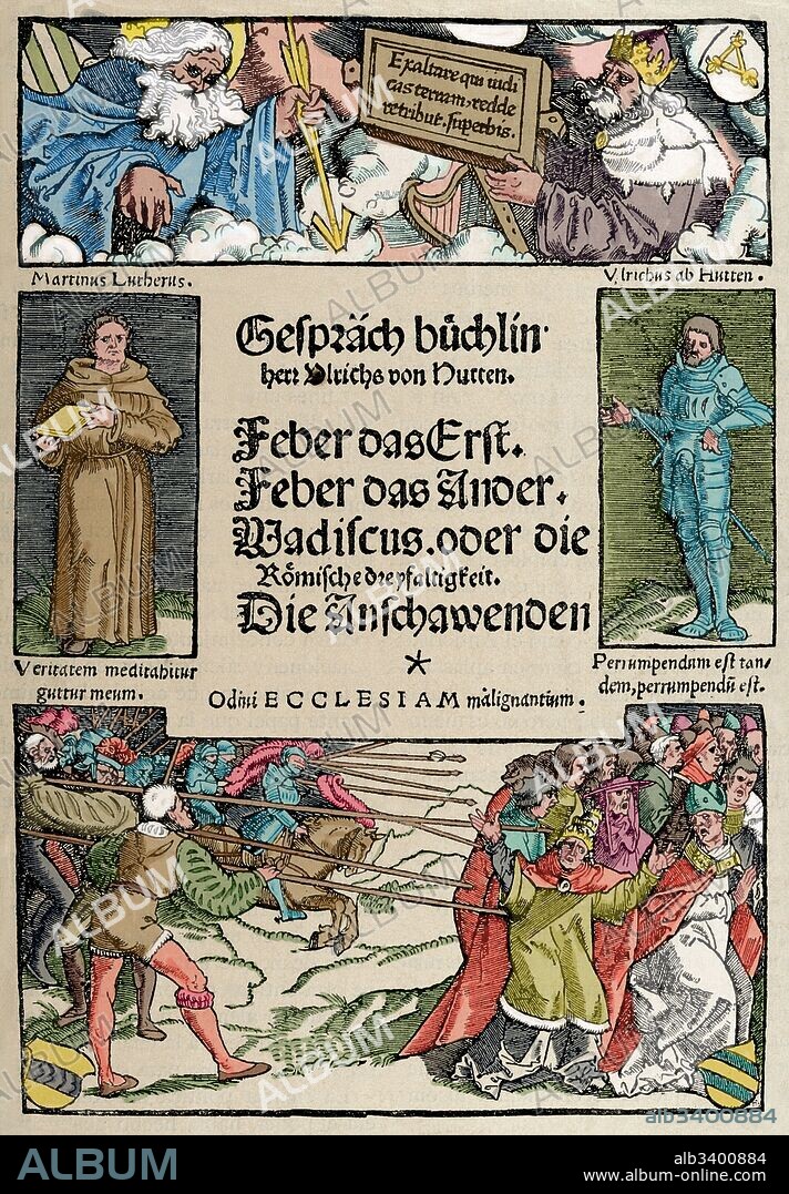 Ulrich von Hutten (1488-1523). German writer and theologian. Booklet of Conversations. Cover. Facsimile. Engraving in The History of Germany, 1882. Colored.