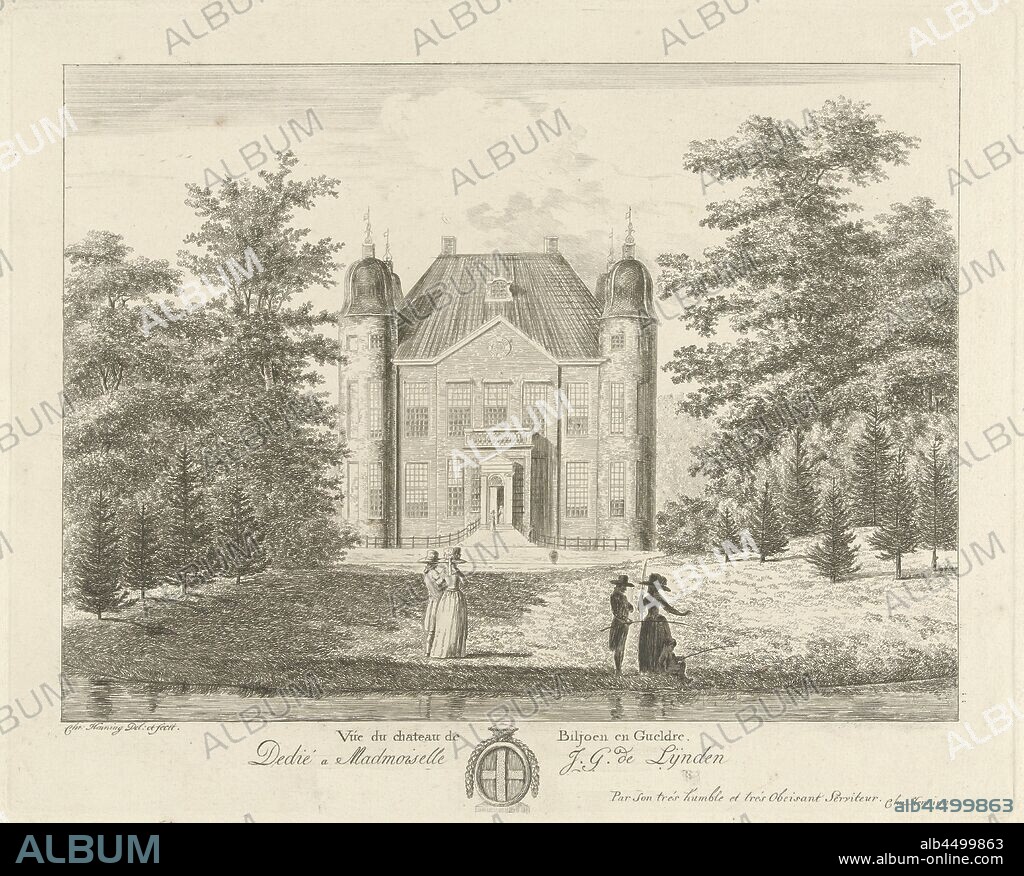 View of Biljoen castle Vúe du chateau Biljoen and Gueldre (title on object), View of the facade of Biljoen castle flanked by two towers. In the foreground three figures with fishing rods on a waterfront and a walking couple. At the bottom of the title, a family crest and two lines in French, castle, fishing (sports), Castle Biljoen, Christian Henning (mentioned on object), Northern Netherlands, c. 1756 - 1822, paper, etching, h 297 mm × w 370 mm.