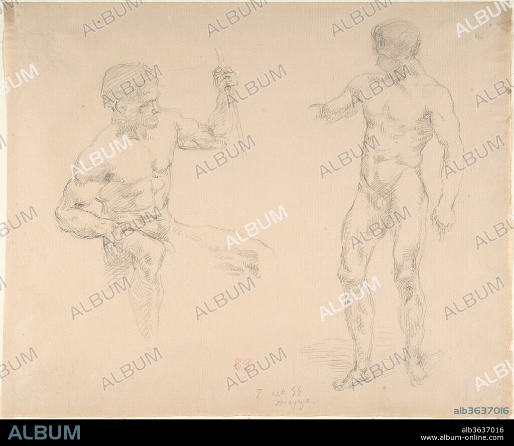 EUGENE DELACROIX et AFTER EUGÈNE DURIEU. Two Male Nudes, Seated and Standing, after photographs of models by Eugène Durieu. Artist: Eugène Delacroix (French, Charenton-Saint-Maurice 1798-1863 Paris); After Eugène Durieu (French, Nîmes 1800-1874 Geneva). Dimensions: sheet: 9 1/16 x 10 5/8 in. (23 x 27 cm). Date: 1855.
