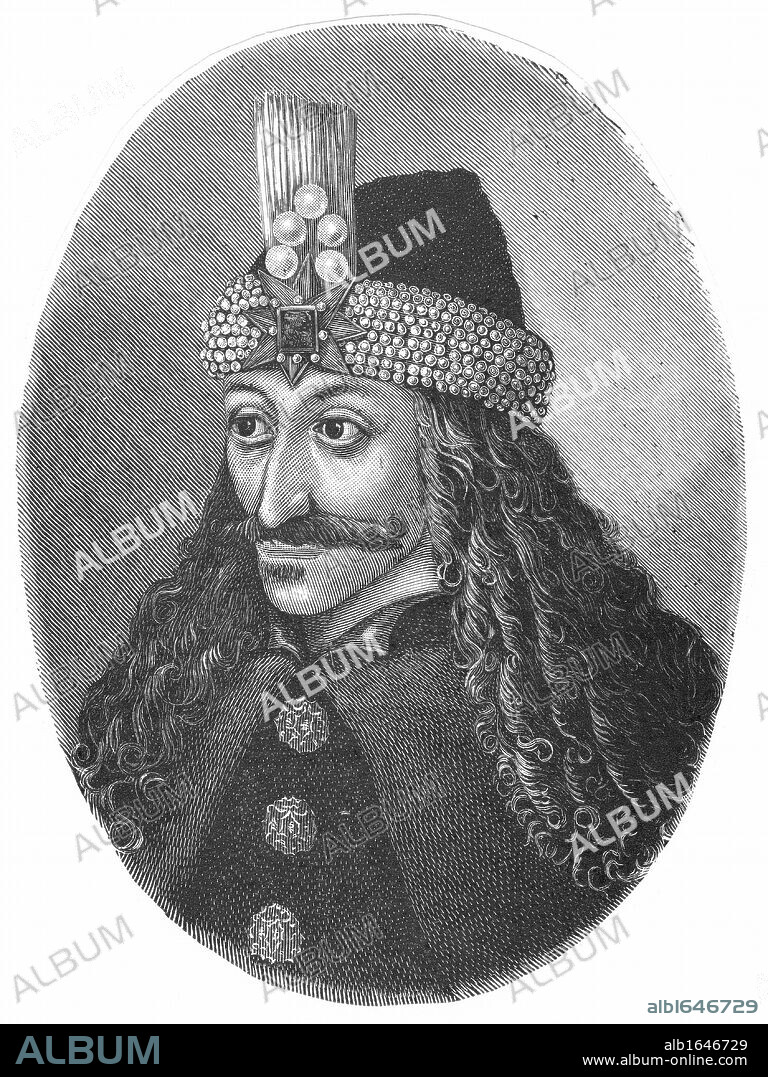 Vlad Tepes (Vlad IV, The Impaler) Ruler of Walachia 1456-62, 1476-77. Apparently the source of the Dracula of Translyvanian legend as Vlad member of Order of the Dragon (dracul). Engraving.