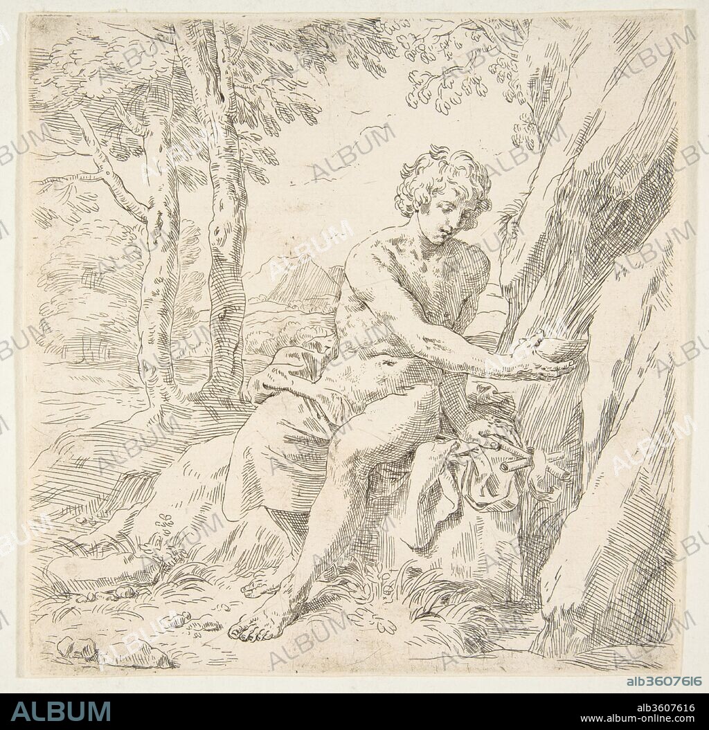 Saint John the Baptist in the desert. Artist: Simone Cantarini (Italian, Pesaro 1612-1648 Verona). Dimensions: Sheet: 6 11/16 × 6 5/8 in. (17 × 16.8 cm). Date: ca. 1637-1639.