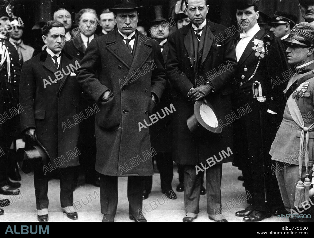 Benito Mussolini and Giacomo Acerbo at a celebration commemorating King Humbert I of Italy. The Italian Head of Government Benito Mussolini and Giacomo Acerbo, Under-Secretary of the Presidency, taking part in a celebration commemorating King Humbert I of Italy. Rome, 29th July 1923.