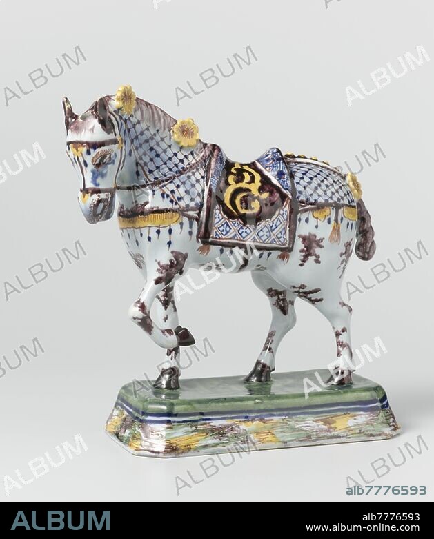 Faience Horse, Faience Animal Figure, depicting a rigged horse., De Porceleijne Schotel, Delft, c. 1760 - c. 1780, h 24.5 cm × w 19.0 cm × d 9.5 cm.