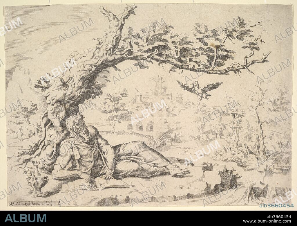 Elijah Fed by Ravens. Artist: Dirk Volckertsz Coornhert (Netherlandish, Amsterdam 1519/22-1590 Gouda); After Maarten van Heemskerck (Netherlandish, Heemskerck 1498-1574 Haarlem). Dimensions: Sheet: 8 1/4 x 11 11/16 in. (21 x 29.7 cm). Date: 1549.