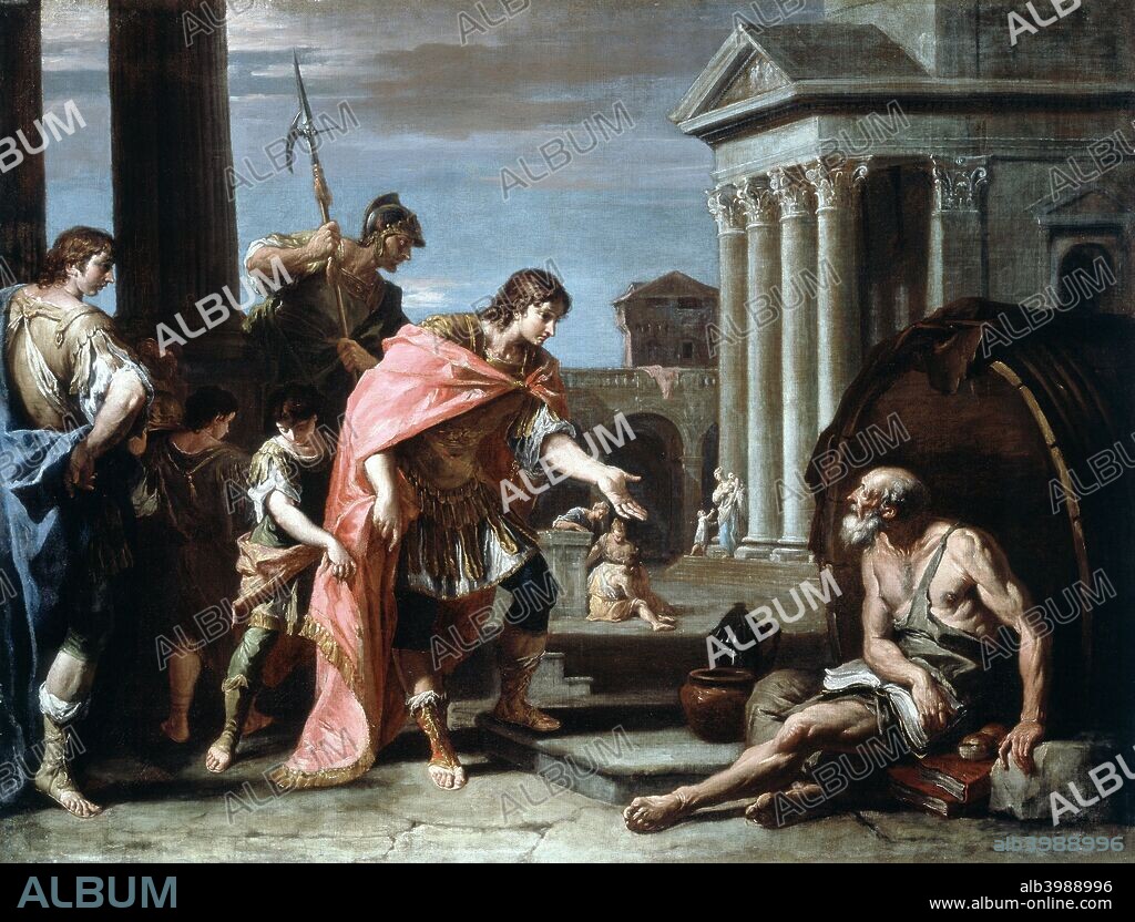 'Alexander and Diogenes', late 17th-early 18th century. Alexander the Great (Alexander III of Macedon (356-323 BC)) visiting Diogenes of Sinope (c410-c320 BC), Greek Cynic philosopher, living in his barrel in Athens. From a private collection.