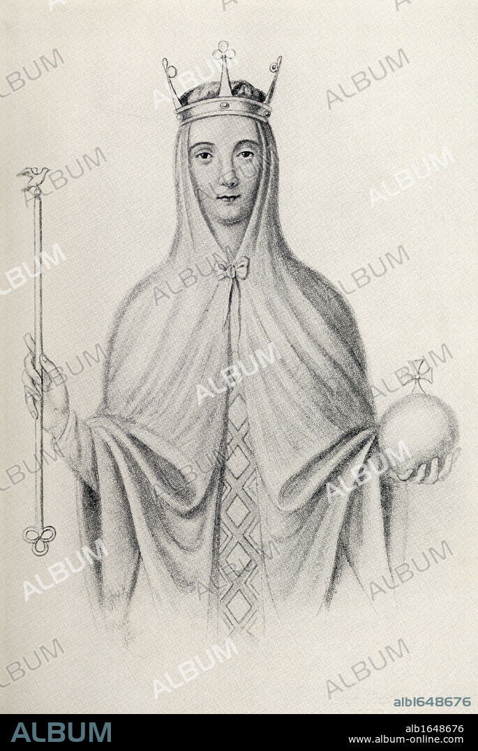 Adeliza of Leuven also called Adela and Aleidis: 1103 to 1151. Queen consort of the United Kingdom as second wife of Henry I. From her portrait on the seal of the charter she gave to Reading Abbey, which she founded. From the book Our Queen Mothers by Elizabeth Villiers.