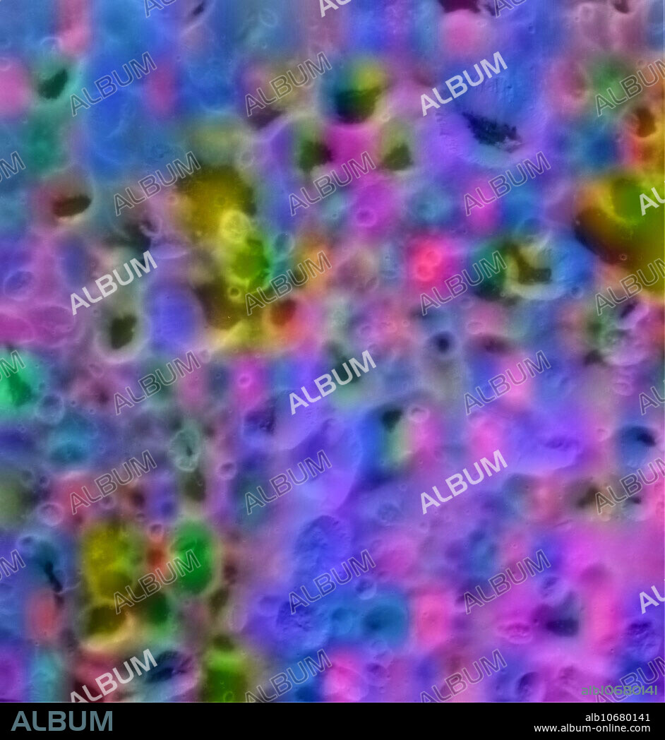 This is a colour map of the composition of a portion of Saturn's moon Hyperion's surface about 75 kilometers (45 miles) on a side. In this map, blue shows the maximum exposure of frozen water, red denotes carbon dioxide ice (''dry ice''), magenta indicates.