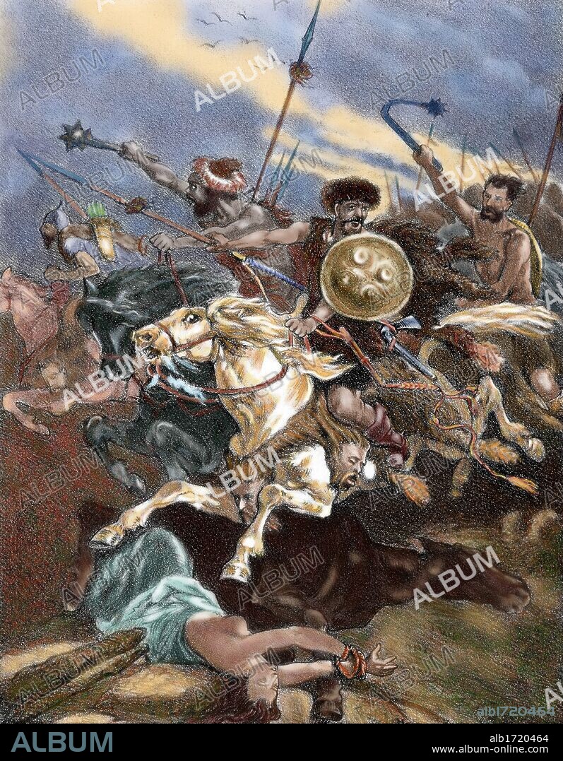 INVASION DE LA PENINSULA IBERICA POR LOS VISIGODOS. (S. VI). Grabado coloreado.