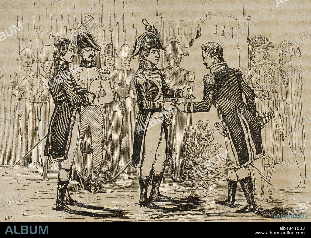 Reinado de Carlos IV de España. Cesión de los territorios de la Luisiana del reino de España a la Francia de Napoleón Bonaparte, a consecuencia del Tratado de San Ildefonso en 1803. La Luisiana fué devuelta a Francia por la presión ejercida por Napoleón. Grabado. Historia del Levantamiento, Guerra y Revolución de España, por el Conde de Toreno,1851.