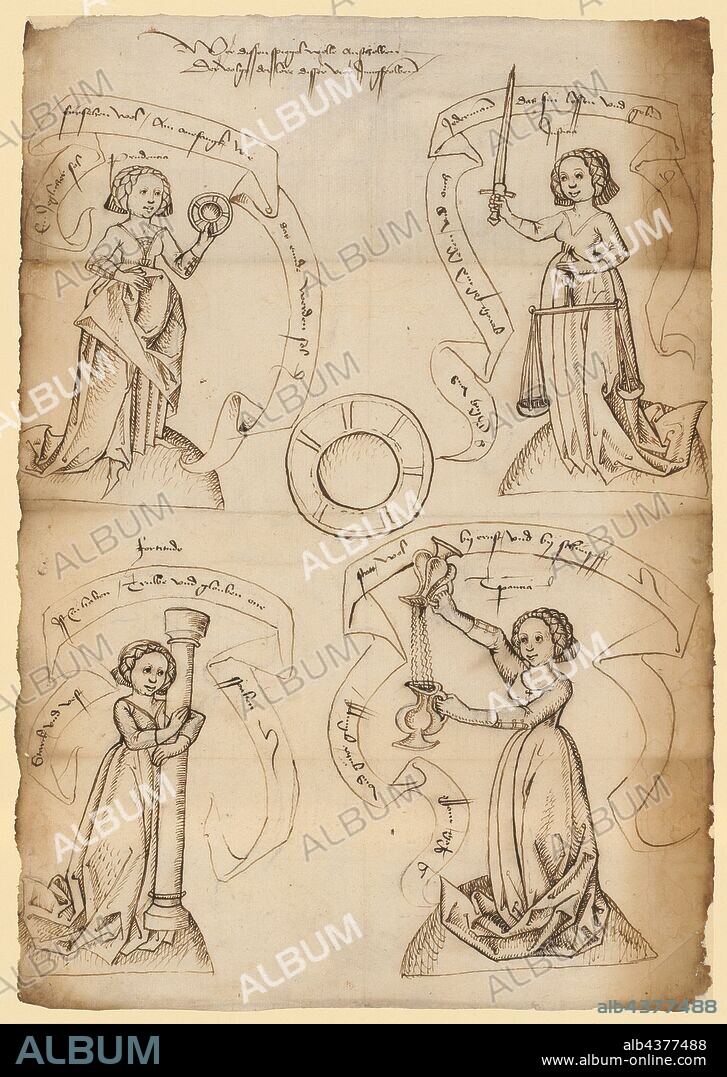 Four virtues with banners grouped around a mirror (Prudentia, Justitia, Fortitudo, Temperantia), c. 1470/80, feather in brown, leaf: approx. 44 x 31 cm, OM inscribed: Who throws the mirror of a wölle, The crowd of the lere, disser four Jungfrowen, each in the banners: Prudencia: Anyone should see how the anennangk should become like the name, Justicia: All right and just as well as live, and ought to sin and give birth to every man, Fortitudo: Starck and vest, is to hold on, Truwe and globen one columns, T [em] p [he] ancia: Reht mosse and good glimpff, instead of wol by ernst and by schimpff, Anonym, Oberrhein (Basel), um 1470/80.