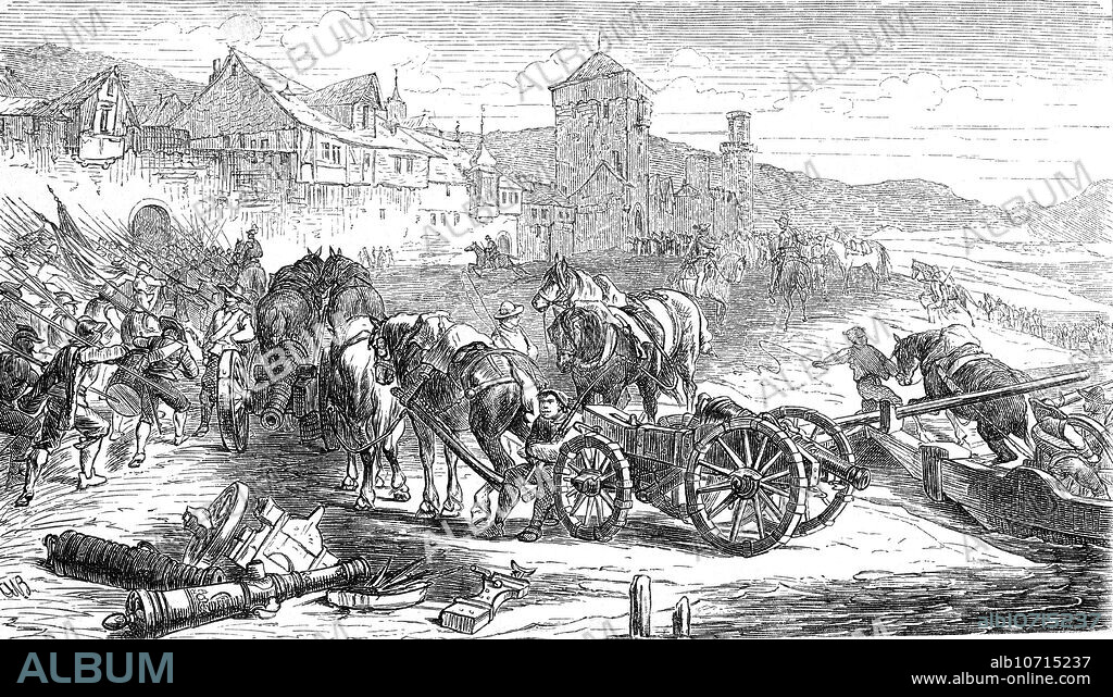 Thirty Years War 1618 - 1648, Swedish Intervention 1630 - 1635, the Swedish Army crossing the Rhine river near Oppenheim, 21.12.1631, horse-drawn Swedish artillery, military, gun, cannon, fieldpiece, soldiers, Erdfelden, Palatinate, Germany, 19th century, historic, historical, people.