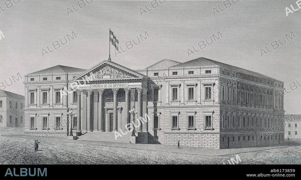 NARCISO PASCUAL COLOMER (1808-1870) ARQUITECTO. FACHADA DEL CONGRESO DE LOS DIPUTADOS- GRABADO- MEMORIA HISTORICO-DESCRIPTIVA DEL NUEVO PALACIO DEL CONGRESO - 1856.