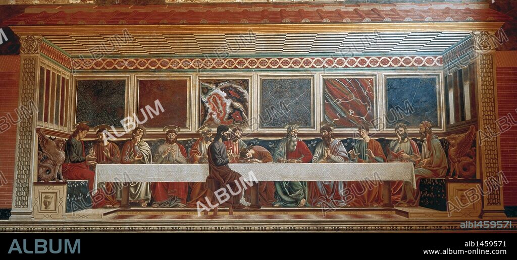 ANDREA DEL CASTAGNO. ARTE RENACIMIENTO-QUATTROCENTO. ITALIA. CASTAGNO, Andrea del. "LA ULTIMA CENA". Obra realizada entre 1445 y 1450, una de las pocas que se conservan del artista. Se encuentra en el muro principal del refectorio del CENACOLO DI SANT'APOLLONIA. FLORENCIA. La Toscana.