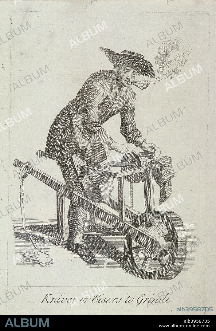 'Knives or Cisers to Grind'. A knife and scissors grinder at work, with his grindstones on a barrow improvised to transport them. He is smoking as he works. From Cries of London, c1750.