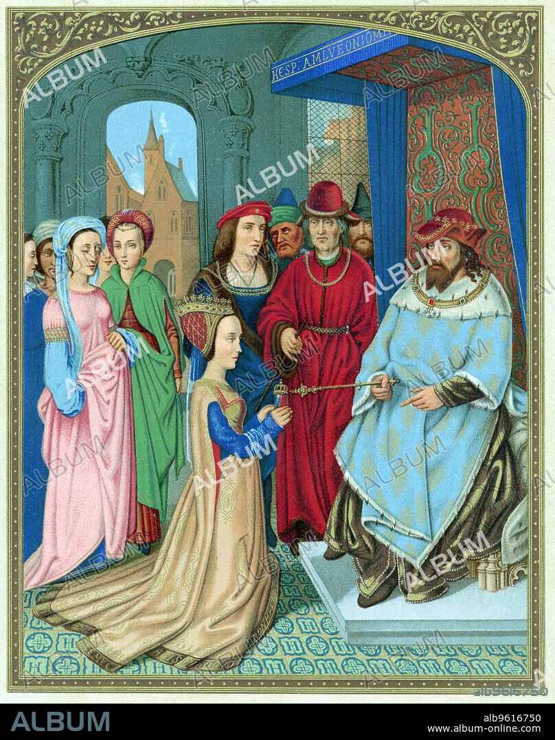 King Solomon welcoming the Queen of Sheba. From the Bible (I Kings10: 2). Chromolithograph after a 15th century miniature in the Breviary of Cardinal Grimani attributed to Hans Memling.
