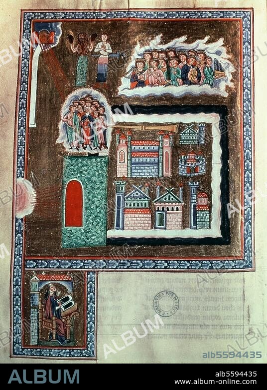 ANONYMOUS. Hildegard von Bingen, Mystic, Bermersheim 1098 - Rupertsberg Monastery. 17.9.1179. Works: "Liber divinorum operum simplicis hominis". Illustration: "Vision of Saint Hildegard. Picture manuscript c. 1230. Lucca, Biblioteca Governativa Statale.