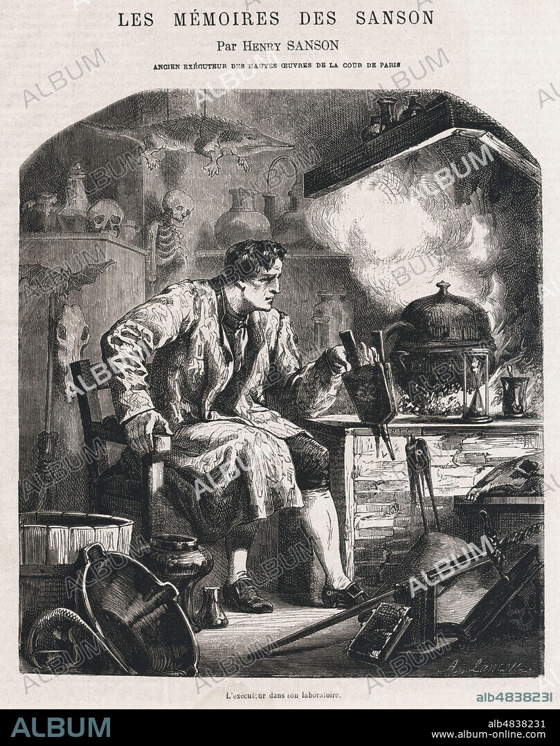 L'executeur Charles Jean Baptiste SANSON (1719-1778) dans son laboratoire. Illustration de Andre LANCON (1836-1885) pour Les Mémoires des Sanson par Henri-Clement SANSON (1799-1889) reprises dans Le Nouveau Journal du 4 juin 1864. Credit : Collection Jonas/Kharbine-Tapabor.