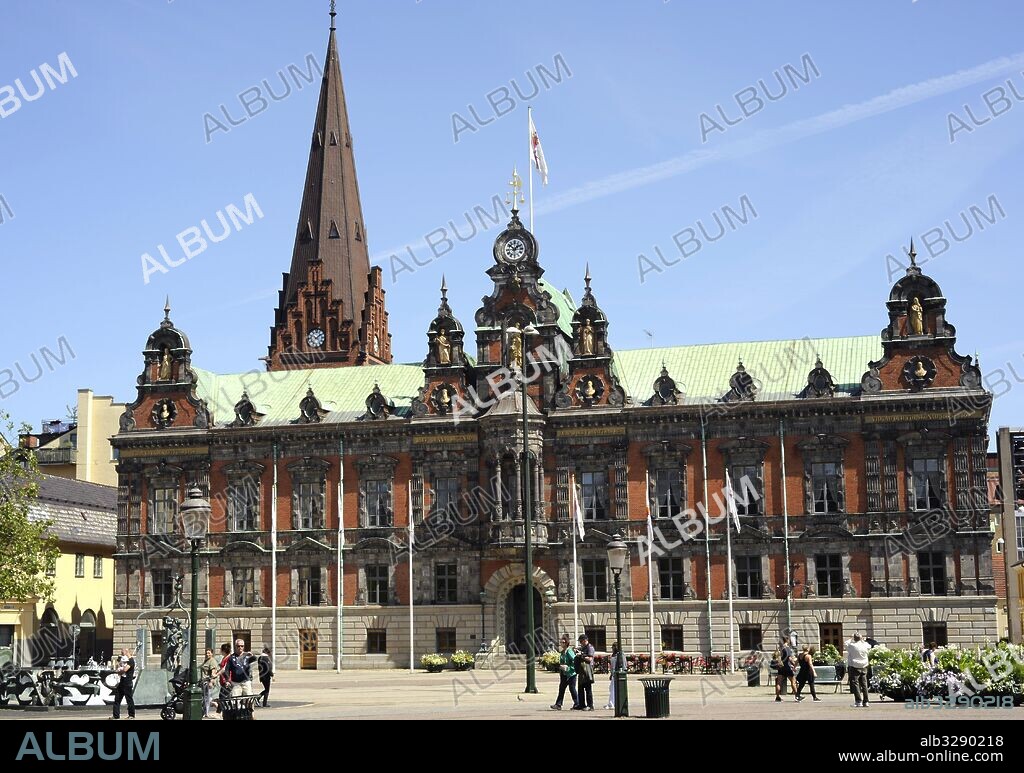 Sweden. Malmo. Stortorget square with the historical town hall, built 1544-1547 with its renewed facade in Dutch Renaissance style from 1860.