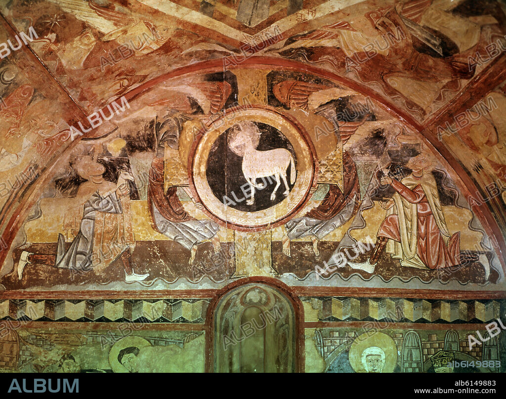 ANÓNIMO. AGNUS DEI - PINTURA MURAL DE LA ERMITA DE LA VERA CRUZ DE MADERUELO - SIGLO XII - ROMANICO ESPAÑOL.
