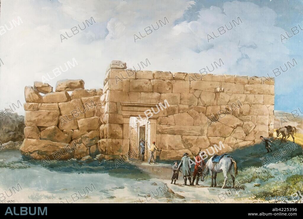 JEAN-PIERRE-LAURENT HOUEL. 'Ancient Palace (or Temple) on a Hill near Cefalu'. Series of Preparatory Drawings for the Engraved Edition "Picturesque Journey around the Islands of Sicily, Malta and Lipari" (Voyage pittoresque des isles de Sicilie, de Malte et de Lipari... Par Jean Houel, Peintre du Roi. Paris. 1782. V.1; 1784.V.II.1785.V.III.1787.V.IV. ). France, Between 1776 and 1779. Dimensions: 28x41 cm.