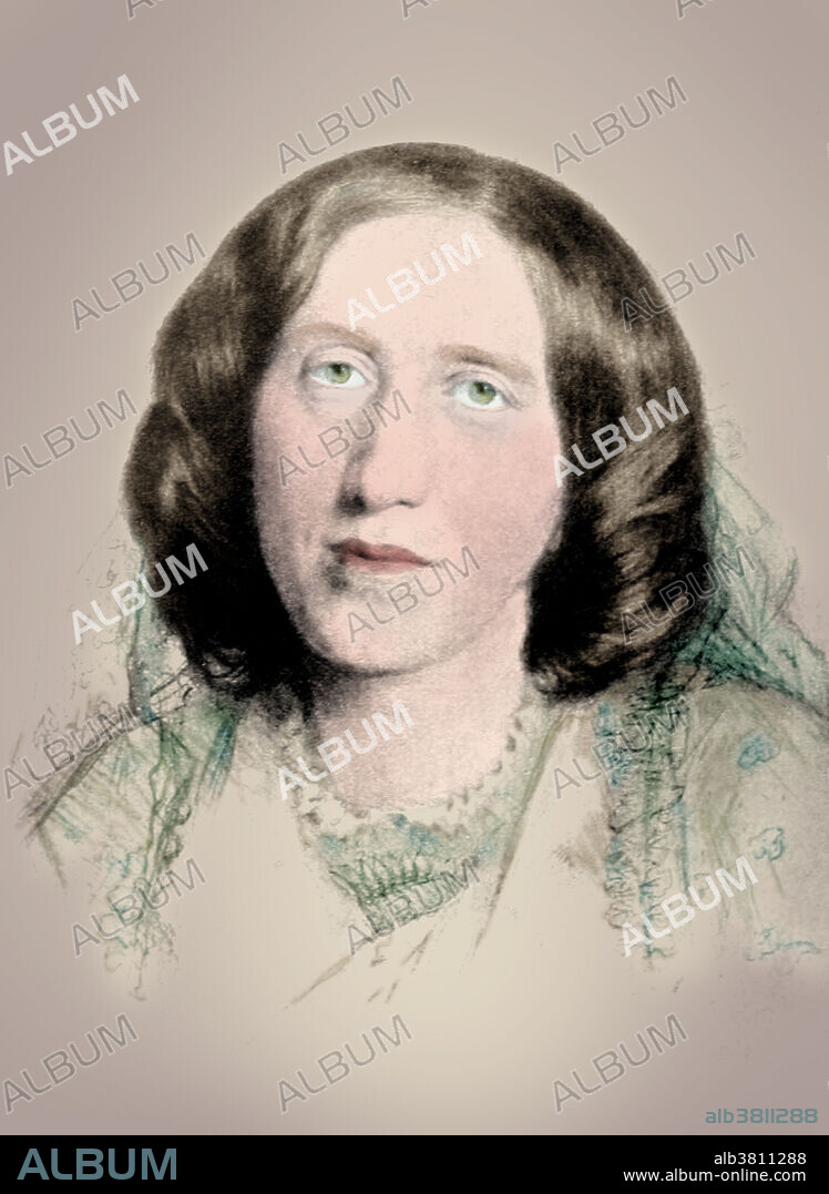 Colour-enhanced portrait of Mary Anne (alternatively Mary Ann or Marian) Evans (1819-1880), better known by her pen name George Eliot. She was an English novelist, journalist and translator, and one of the leading writers of the Victorian era. She is the author of seven novels, including Adam Bede (1859), The Mill on the Floss (1860), Silas Marner (1861), Middlemarch (1871-72), and Daniel Deronda (1876), most of them set in provincial England and known for their realism and psychological insight. She used a male pen name, she said, to ensure her works would be taken seriously. Female authors were published under their own names during Eliot's life, but she wanted to escape the stereotype of women only writing light-hearted romances.