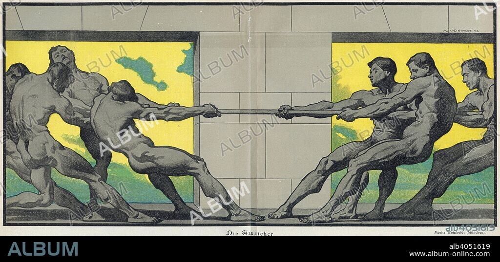 Tug of war, 1898. Illustration from Jugend, a German weekly art magazine. Jugend featured many German Art Nouveau artists and gave rise to the term 'Jugendstil' (Youth Style).