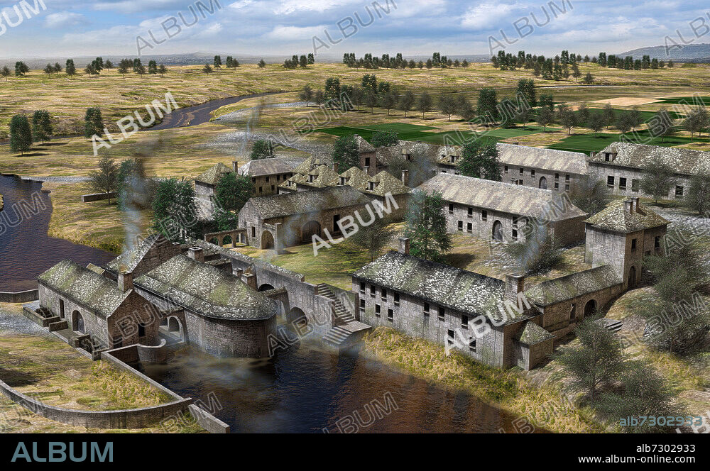 Industry / 18th Century. The Forges of Buffon, in the 18th century. (Founded by Buffon in 1768, the Buffon forges are located in Buffon (Côte-d'Or), about three kilometers north-west of the town of Montbard, on the banks of the Armançon river and near the Burgundy Canal. At the end of the 18th century the production reached 450 tons of iron per year and the forges employed up to 400 workers). 3D Reconstruction (2017).