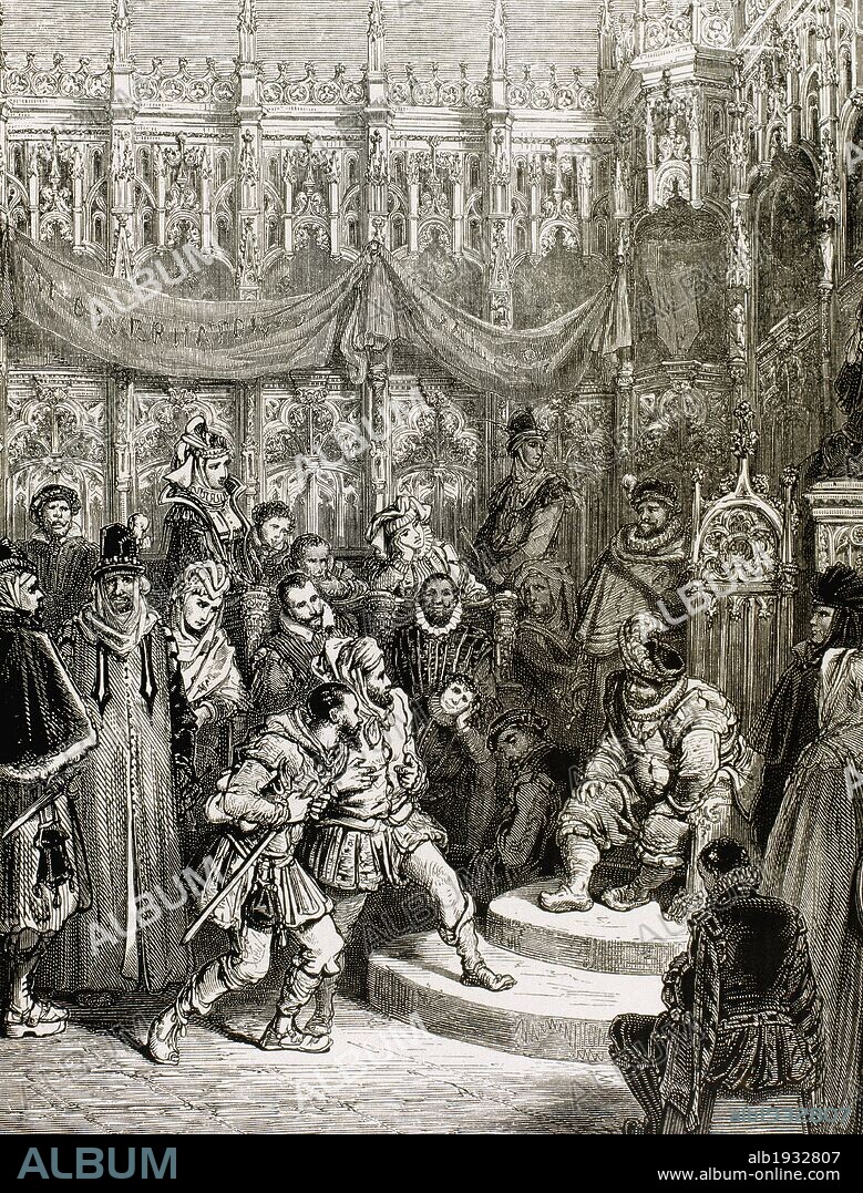 LITERATURA CASTELLANA. "EL INGENIOSO HIDALGO DON QUIJOTE DE LA MANCHA". Obra escrita por Miguel de CERVANTES SAAVEDRA (1547-1616). "INSULA BARATARIA". Litigantes ante Sancho para acatar su justicia. Grabado de Gustave DORE.