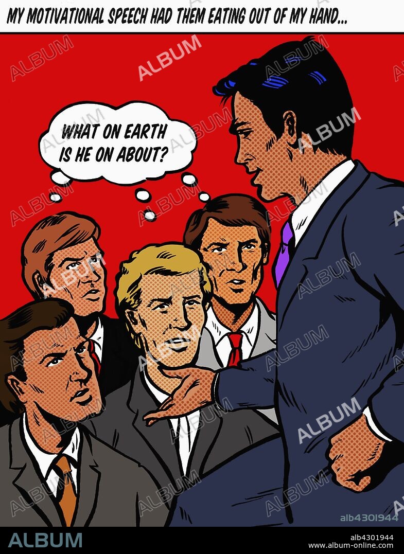 Arrogant businessman speaking to confused co-workers listening with thought bubbles.