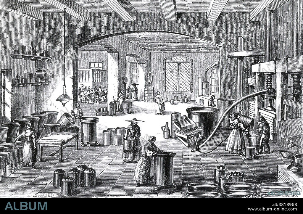 Engraving showing the interior of a perfume manufactory at Nice owned and operated by Eugene Rimmel. Changing tastes in the 19th century and the development of modern chemistry laid the foundations of perfumery as we know it today. Alchemy gave way to chemistry and new fragrances were created. Under the post-revolutionary government, people once again dared to express a penchant for luxury goods, including perfume. Eugene Rimmel (1820-1887) was a French-born British perfumer and businessman responsible for manufacturing and marketing some of the earliest commercially made cosmetics. In 1834 he opened his own perfumery, the House of Rimmel. He is considered by beauty historians as a trailblazer of the beauty and healthcare industries. He was granted 10 Royal Warrants from heads of state all over Europe, including Queen Victoria, for his perfumes and fragranced products. With the headline The Prince of Perfumers, the New York Times printed his obituary.