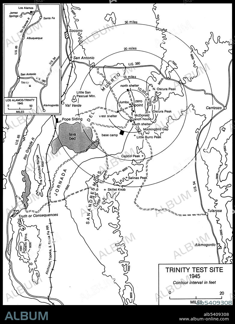 Trinity Test Site Map. The Manhattan Project was a research and development program by the US with the UK and Canada that produced the first atomic bomb during WWII. From 1942-46, the project was under the direction of Major General Leslie Groves of the US Army Corps of Engineers. Because of the complexity of an implosion-style weapon, it was decided that an initial test would be required. Groves approved the test, subject to the active material being recovered. Consideration was therefore given to a controlled fizzle, but Oppenheimer opted instead for a full-scale nuclear test, codenamed Trinity. Bainbridge selected the bombing range near Alamogordo Army Airfield as the site for the test. A one-hundred foot shot tower was designed and constructed at ground zero. A commitment had been made to test the gadget as soon after July 15th as possible, and before or during the upcoming Potsdam Conference. TNT Trinity Test occurred on July 16, 1945.