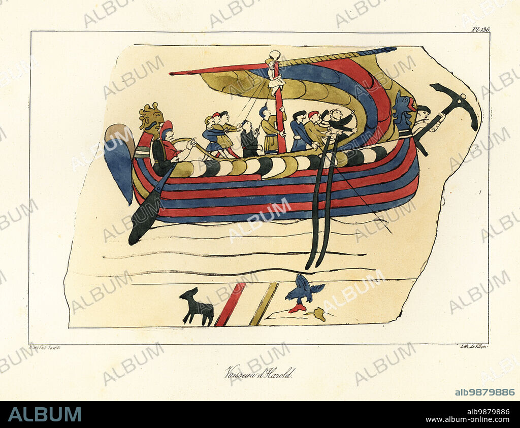 Harold Godwinson, Anglo-Saxon king of England, on his ship to Ponthieu. Harold steers the rudder, sailors row with oars, climb the mast, pull on sail rigging, weigh anchor, etc. Shields mounted on the stern. Vaisseau dHarold. Scene from the Bayeux Tapestry depicting the Norman Conquest of England, 1066. Handcoloured lithograph by Villain after an illustration by Horace de Viel-Castel from his Collection des costumes, armes et meubles pour servir à l'histoire de la France (Collection of costumes, weapons and furniture to be used in the history of France), Treuttel & Wurtz, Bossange, 1829.
