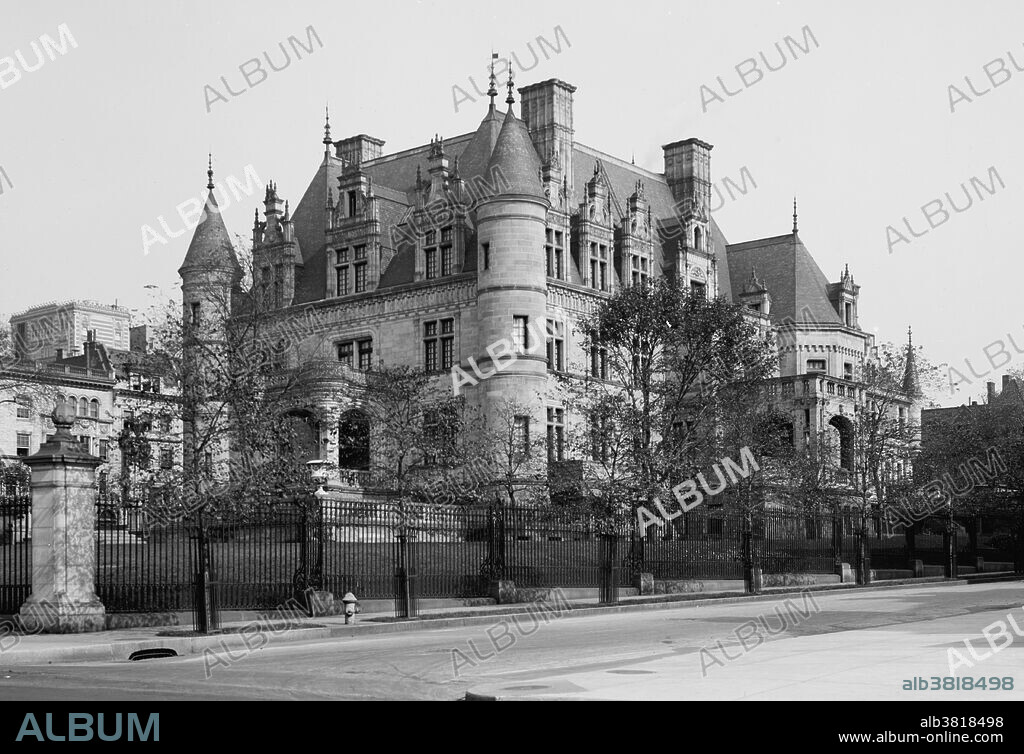 The Charles M. Schwab House (also called Riverside) was an extravagant, 75 room mansion located on Riverside Drive between West 73rd and West 74th Streets, on the Upper West Side in New York City. It was constructed for steel magnate Charles M. Schwab and was the grandest and most ambitious house ever built on the island of Manhattan. The home was considered by many to be the classic example of a "white elephant", as it was built on the "wrong" side of Central Park away from the more fashionable Upper East Side. It took four years to build the home (1902-1906) at a cost of six million dollars. By 1947 the house was empty and in 1948 it was replaced by a large, red-brick apartment complex, called the "Schwab House." The Gilded Age mansions were built in the United States in a short historic period spanning between the 1870s until about 1900. The complete lack of personal income tax made it possible for the very rich to build mansions designed by prominent architects of its day and decorated with antiquities, furnitures, collectibles and works of art, many imported from Europe. Detroit Publishing Company, 1910s, 20th century, bw.