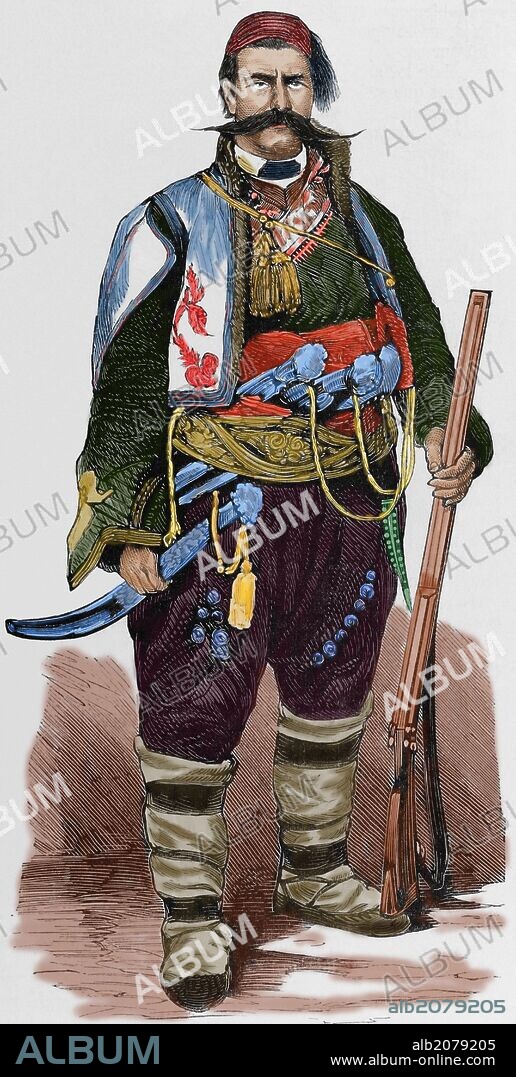 Panayot Hitov Ivanov (1830-1918). Patriota y "hadjduk" búlgaro (partisano bandolero de la zona de los Balcanes). Grabado de Panyot Hitov como jefe de la legión auxiliar búlgara. "La Ilustración Española y Americana", año 1876. Coloreado.