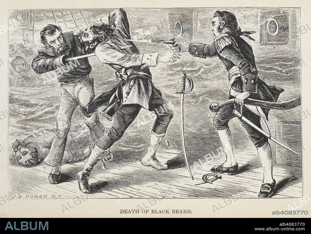 JOHN STEVENS CABOT ABBOTT. Death of Black beard. Illustration depicting the killing of Edward Teach, who was known as Blackbeard the pirate, who was shot dead by Lieutenant Robert Maynard. Captain William Kidd, and others of the pirates or buccaneers who ravaged the seas, the islands, and the continents of America ... New York, 1874. Source: 10881.de.28, frontispiece.