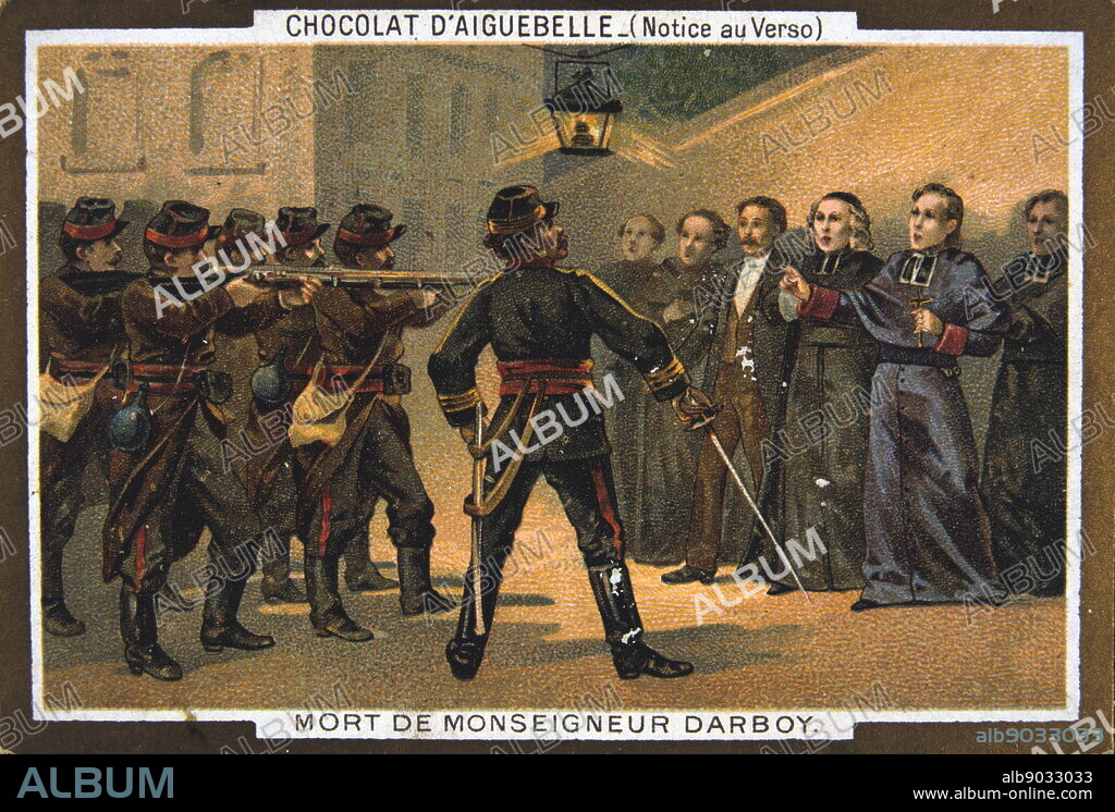 Death of Monseigneur Darboy, Archbishop of Paris, 24th May 1871. As the government forces sent to suppress the Paris Commune closed in, the Communards executed hostages they had taken. Amongst them was Georges Darboy, Archbishop of Paris, as well as several other clergymen. From a private collection.