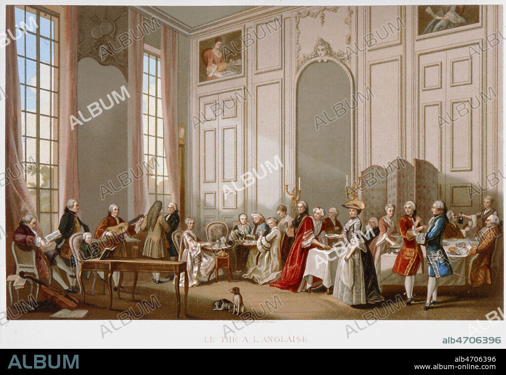 Le the a l'anglaise au 18eme s. avec des musiciens. Chromolithographie parue dans XVIIIeme siecle Lettres sciences et arts de 1878. Credit : Collection KHARBINE-TAPABOR.