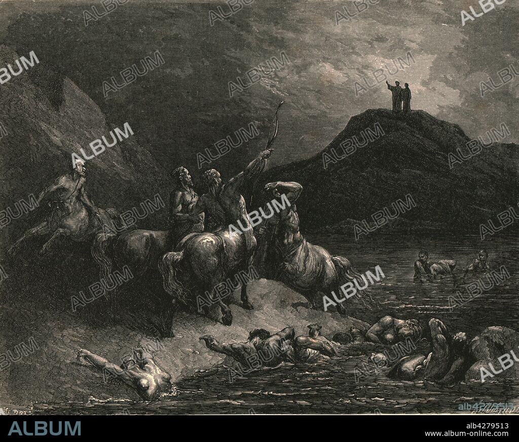 PAUL GUSTAVE DORÉ. 'One cried from far: "Say to what pain ye come condemn'd, who down this steep have journied? Speak from whence ye stand, or else the bow I draw"', c1890. Centraurs threaten to shoot arrows at Dante and the Roman poet Virgil. Illustration from "The Vision of Hell" (Inferno), the first part of "The Divine Comedy" (La divina commedia) by Dante Alighieri. This long, narrative poem, written in Italian c1308-1321, tracing Dante's imaginary journey from Hell, through Purgatory and finally to Heaven and a beatific vision of God, has been published numerous times. This edition, published late 19th century, is illustrated by Gustave Dore. [Cassell Petter & Galpin, c1890].