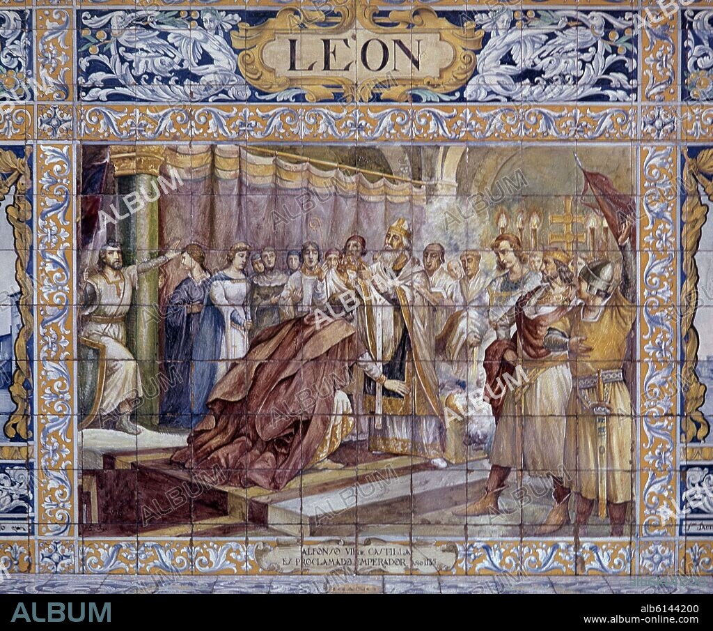 AUTOR LIBRE 01307. REPRESENTACION DE LEON - CORONACION DE ALFONSO VII COMO REY DE CASTILLA EN EL AÑO 1135 - MOSAICO DE AZULEJOS DE LA PLAZA DE ESPAÑA DE SEVILLA - XX.