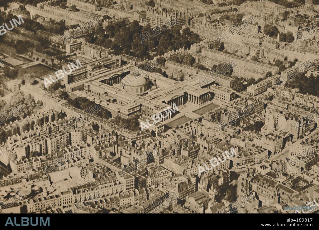'Novel View of the British Museum Surrounded By The Massed Trees of Bloomsbury', c1935. Aerial view of the neoclassical buildings of the British Museum, with the trees of Russell Square Gardens beyond. From "Wonderful London, Volume 2", edited by Arthur St John Adcock. [The Fleetway House, London, c1935].