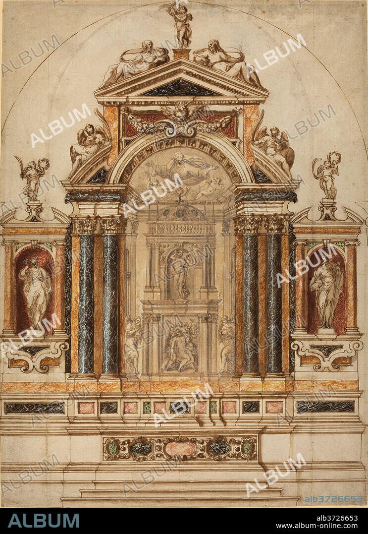 ITALIAN 17TH CENTURY. An Elaborate Altar of Colored Marble Ornamented with Sculptures. Dated: 1600s. Dimensions: overall: 43 x 38.3 cm (16 15/16 x 15 1/16 in.). Medium: pen and brown ink with brown, red, and ochre washes and gouache on laid paper.