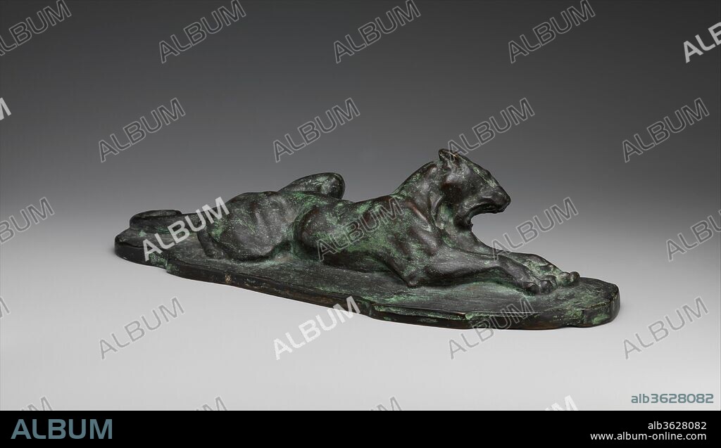 Snarling Jaguar. Artist: Arthur Putnam (American, Waveland, Mississippi 1873-1930 Ville d'Avray). Dimensions: 2 3/4 x 11 3/4 x 3 3/4 in. (7 x 29.8 x 9.5 cm). Date: 1906, cast 1909.
Putnam was well versed in animal anatomy and preferred to work from memory so that the emotional impact of his subject matter would not be obscured by over attention to realistic detail. The ferocity of the jaguar's snarl is suggested not only by its open jaw but also by the full attenuation of its sleek body. Putnam modeled this statuette in 1906 while living in the Paris suburb of Neuilly-sur-Seine and cast it in 1909 in the San Francisco foundry he established with his brother-in-law Fred Storey.